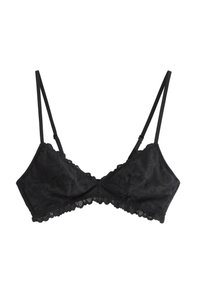 Mustat pitsiset braletit, joissa on säädettävät ohuet olkaimet ja aallotetut reunat kupien ja alaosan ympärillä.