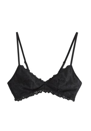 Sort blondelingeri med justerbare tynde skulderstropper og bølget kant langs kopperne og bundbåndet.