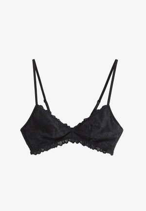 Sort blondelingeri med justerbare tynde skulderstropper og bølget kant langs kopperne og bundbåndet.