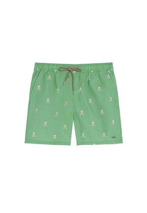 Bañador verde con estampado blanco de calaveras y huesos cruzados y cintura con cordón marrón.