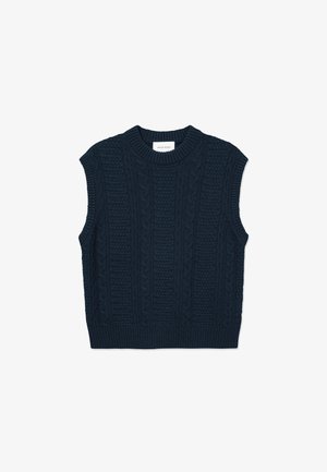 Tumedas värvitud ilma käisteta sviiter, millel on nööride kudumise tekstuur ja soonikkrae ning -äär. Pehme, paks lõng loob kihilise mustri.