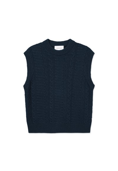 Tengerészkék ujjatlan pulóver, kábelmintás textúrával és bordás nyakkivágással, valamint szegéllyel. Puha, vastag fonalból készült, amely réteges mintát alkot.