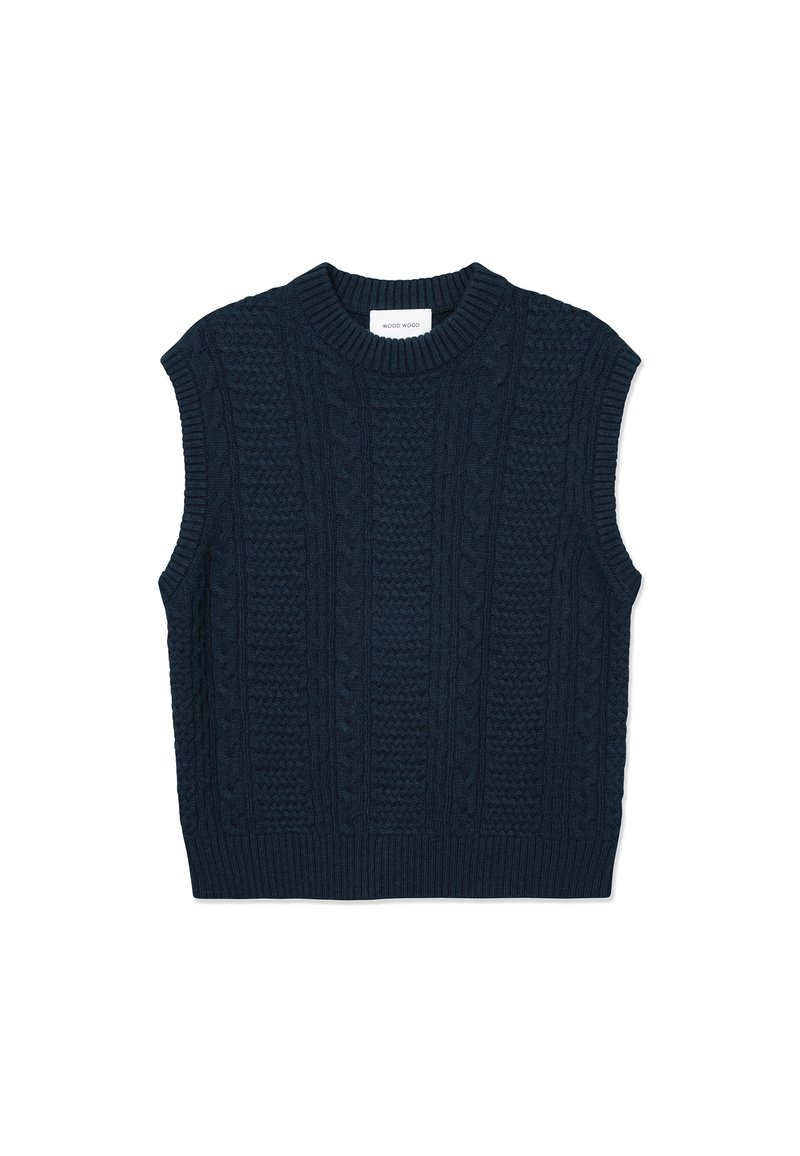 Pull sans manches bleu marine avec texture en tricot torsadé et encolure et ourlet côtelés. La laine épaisse et douce crée un motif en couches.