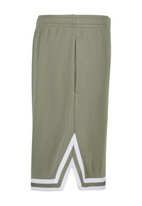 Olive green athletic shorts, made from mesh fabric, featuring a drawstring waist and white accents with a chevron pattern at the hem.