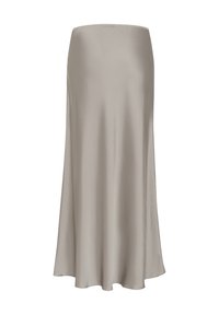 Midi-nederdel i lys beige satin, glat tekstur, A-formet snit, elastisk talje og flydende silhuet med en subtil glans.