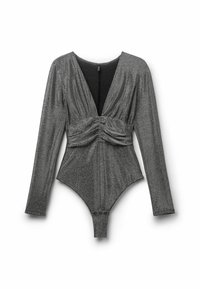 Bodysuit metálico plateado de mangas largas con escote en V profundo, diseño con fruncido en la parte delantera y cierre a presión en la parte inferior. Tela suave y elástica.