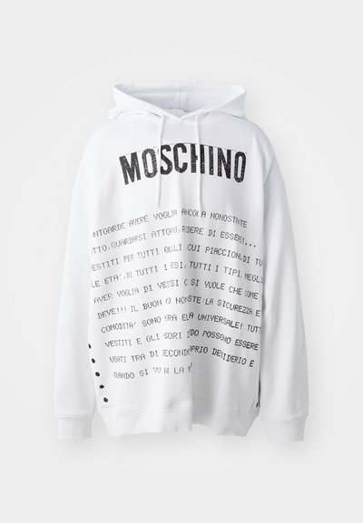 Felpa bianca con cappuccio caratterizzata da un grande logo nero "Moschino" e vari motivi di testo stampati in nero. Include un cappuccio con cordini e fori laterali.