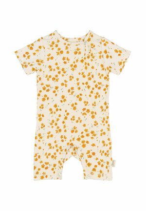 Mono floral con mangas cortas, fondo crema y estampado de flores amarillas dispersas. Presenta cierres a presión en la parte inferior para facilitar el vestido.