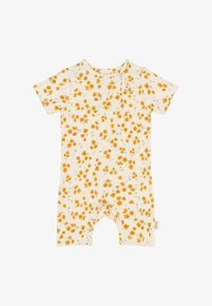 Bloemrijke romper met korte mouwen, creme achtergrond en verspreide gele bloemenprint. Bevat drukknoopsluitingen aan de onderkant voor gemakkelijk aankleden.