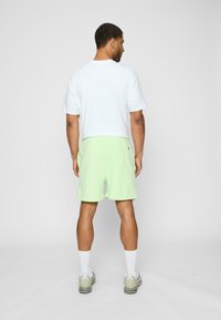Lysegrønne shorts med elastisk talje, sidelommer og løs pasform, parret med en lysegrå kortærmet T-shirt.