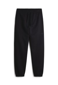 Pantalones de chándal negros con cintura elástica y cordón, tobillos ajustados y un sutil logo de la marca en el lado izquierdo. Textura de tela suave.