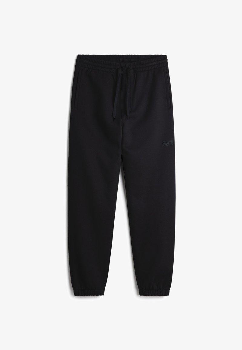 Pantalones de chándal negros con cintura elástica y cordón, tobillos ajustados y un sutil logo de la marca en el lado izquierdo. Textura de tela suave.
