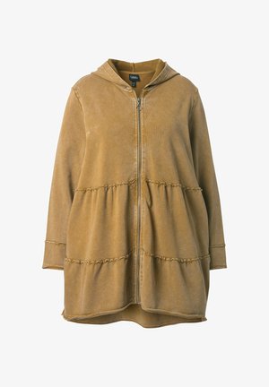 Hooded jacket in a warm, mustard color. Made from soft material with a tiered design, featuring a front zipper and accent stitching.