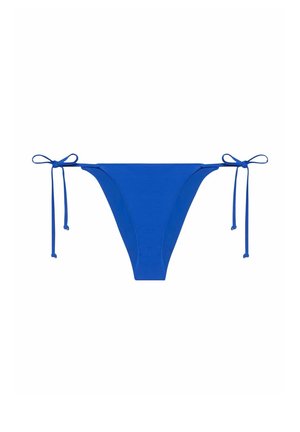 Blue bikini bottom with ties at the hips, featuring a smooth fabric, low-rise cut, and minimal coverage design.