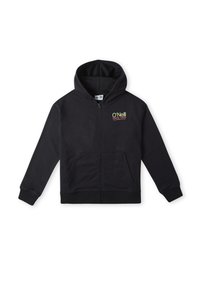 Zwarte rits hoodie gemaakt van zachte stof, met een logo aan de voorkant, kangoeroe zakken, ribgebreide boorden en een capuchon met trekkoord.