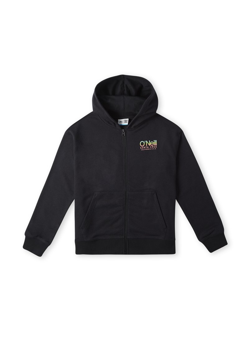 Zwarte rits hoodie gemaakt van zachte stof, met een logo aan de voorkant, kangoeroe zakken, ribgebreide boorden en een capuchon met trekkoord.