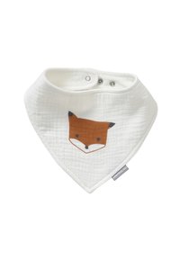 Weißes Baby-Bandana-Lätzchen mit einem Druck eines braunen Fuchs-Gesichts und zwei Druckknöpfen zum Befestigen auf einem schlichten Hintergrund.