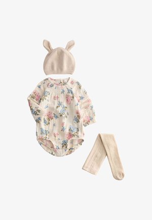 Bloemrijke longsleeve romper in crèmekleur met blauwe en roze bloemen, gecombineerd met een geribde crèmekleurige hoed met konijnenoren en bijpassende geribde leggings.