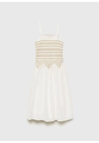 White sleeveless dress featuring a patterned bodice with beige accents and a pleated skirt, creating a flared silhouette.