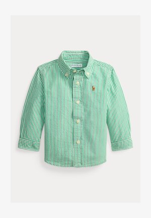 Zelena in bela s potiči navpično črtasta srajca z dolgimi rokavi, gumbi, ovratnikom in majhnim vezenim logotipom na levi strani prsnega koša.