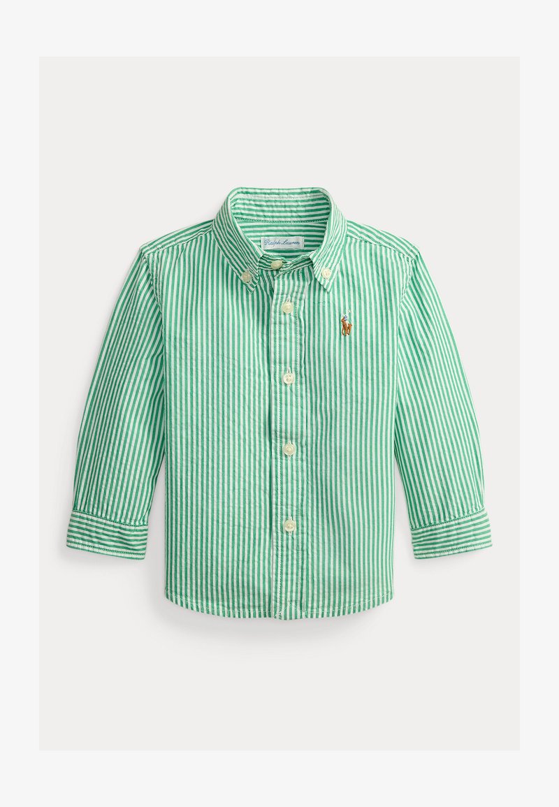 Πουκάμισο με μακριά μανίκια, κάθετες πράσινες και λευκές ρίγες, κουμπιά και γιακάς, με μικρό κεντημένο λογότυπο στο αριστερό στήθος.