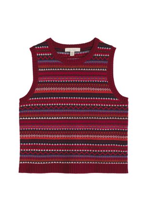 Brezrokavni pleten top v rdeči barvi, ki vsebuje pisane geometrijske vzorce. Teksturno blago z žametnimi robovi in krojnim izrezom.