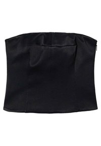 Top corsetto in satin nero senza spalline, con dettagli sulle cuciture e chiusura con zip sul retro.