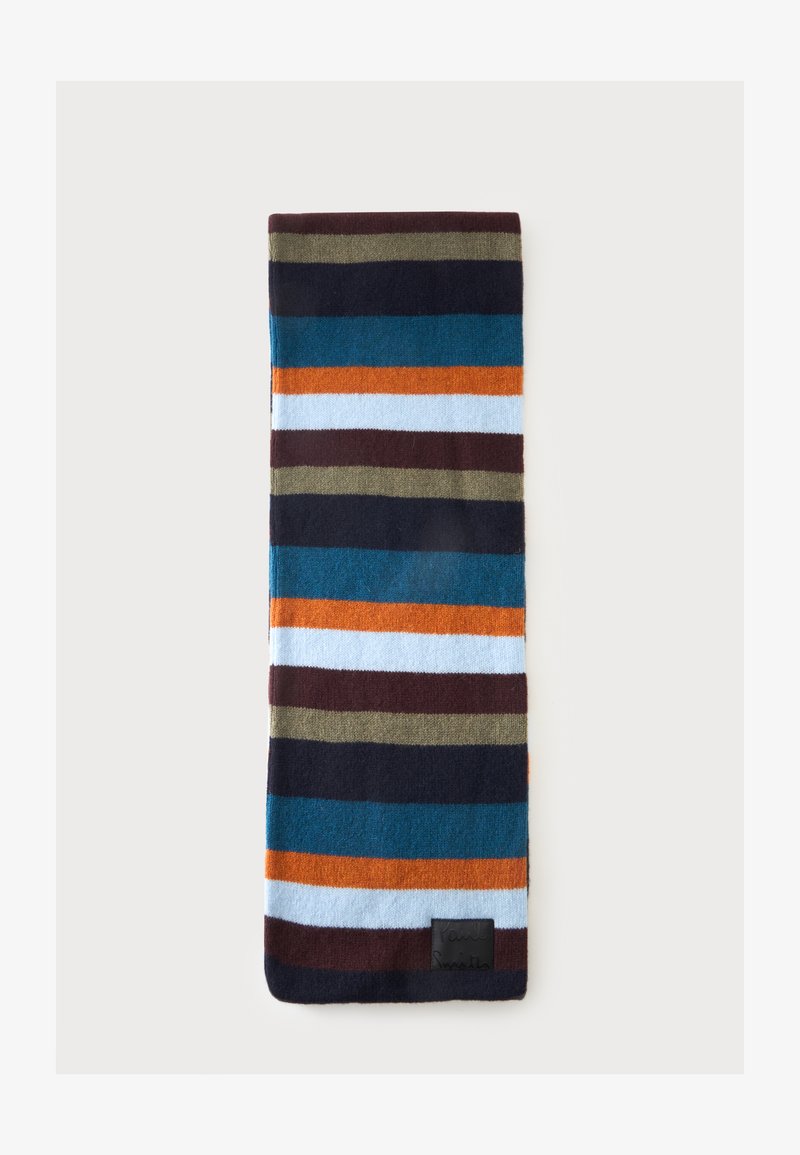 Écharpe pliée avec des rayures horizontales bleu marine, marron, orange, bleu clair, sarcelle et vert olive sur un fond clair.