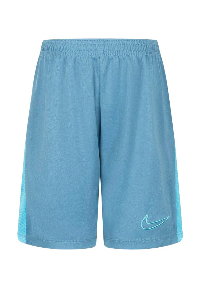 Pantalones cortos deportivos de color azul claro con un panel lateral de malla en un azul más oscuro. Cintura elástica y logotipo bordado en turquesa en la parte frontal.