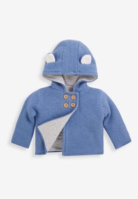 Zila adīta bērnu jakas ar kapuci, kurai ir baltas ausis, koka pogas un svītrainais iekšējais oderējums. Īsi piedurknes un atvērta priekšpuses dizains.