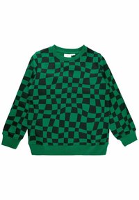 Grön och svartrutig sweatshirt med långa ärmar, ribbade ärmslut och nederkant samt rund halsringning. Tillverkad av mjukt, texturerat tyg.