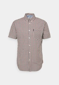 Camicia a maniche corte con bottoni in un motivo a quadri rosso, bianco e blu. Presenta un colletto e una tasca sul petto a sinistra.