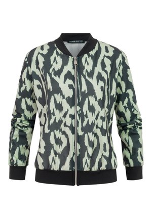Veste bomber imprimé animal abstrait vert clair et noir, col côtelé noir, poignets, ourlet et fermeture éclair frontale noire.