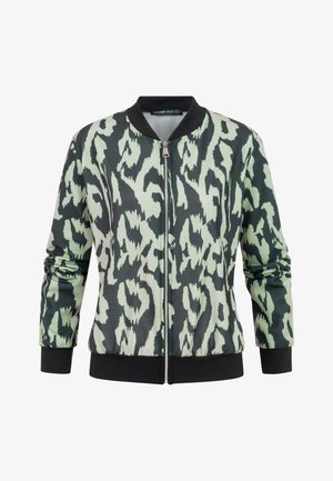 Light green and black abstract animal print bomber jacket with black ribbed collar, cuffs, hem, and front zipper closure.