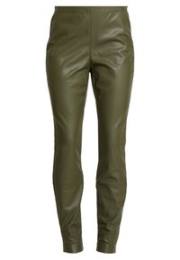 Gröna läderbyxor med smal passform, som har en mjuk textur och hög midje-design. Inga synliga detaljer eller mönster.