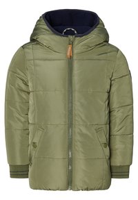 Olivenfarvet polstret jakke med hætte, med en frontlynlås, ribbet manchetter og sidelommer. Indvendig foring er marineblå.