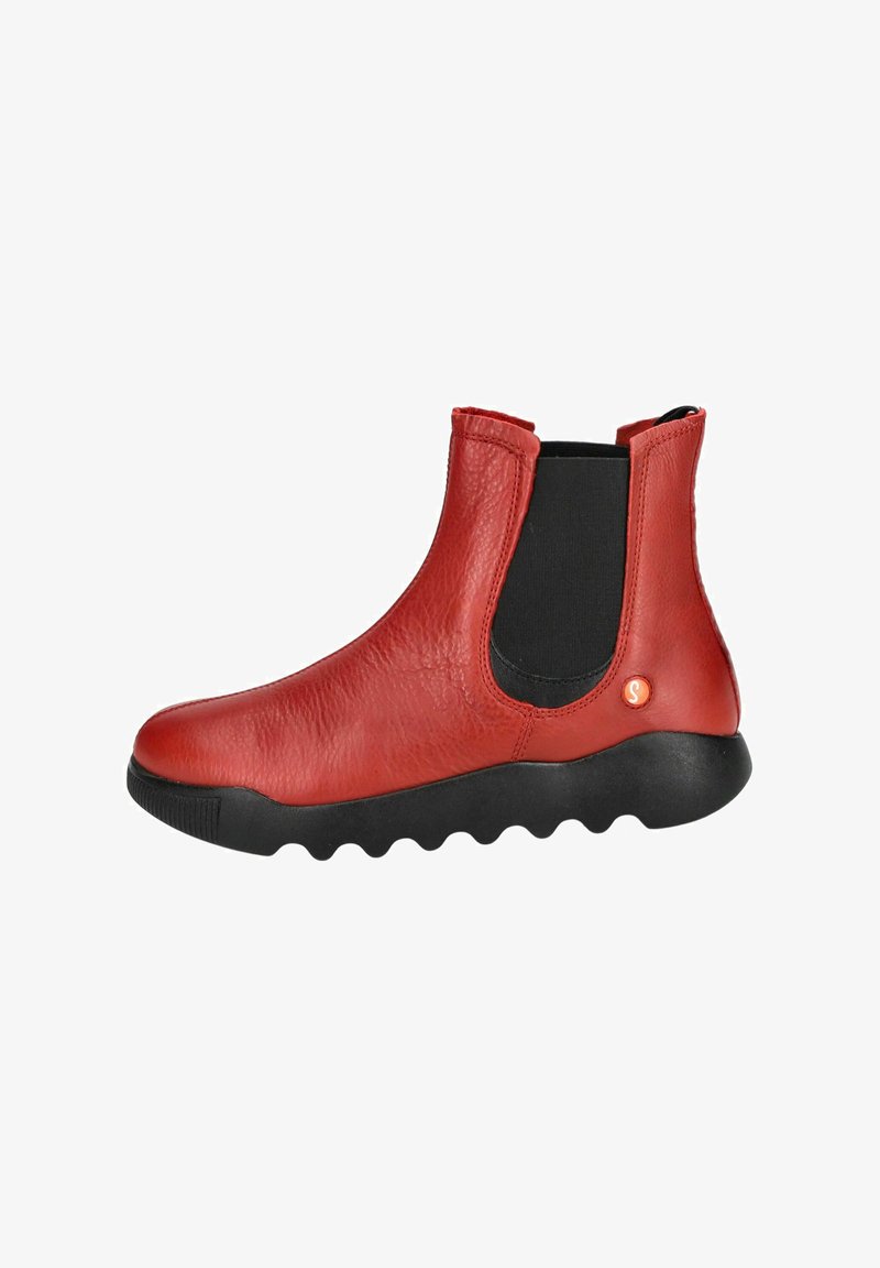 Rote Leder-Stiefelette mit strukturiertem Finish, elastischen Seitenpaneelen und einer schwarzen Gummisohle mit gewelltem Profil für besseren Grip.