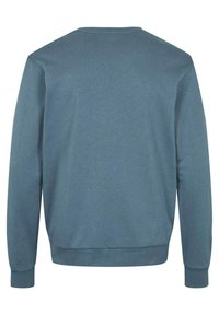 Sweatshirt bleu à col rond avec des manches longues, fabriqué en coton doux, avec un ourlet et des poignets côtelés. La vue arrière met en valeur la texture lisse.