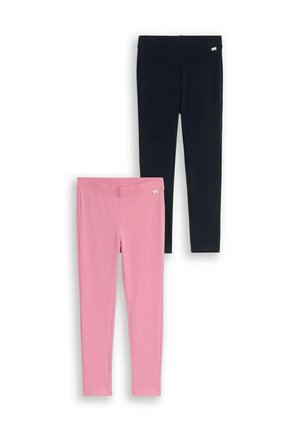 Twee paar aansluitende leggings, één zwarte en één roze, plat weergegeven op een witte achtergrond.