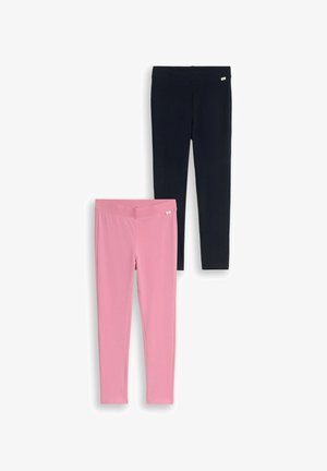 Twee paar aansluitende leggings, één zwarte en één roze, plat weergegeven op een witte achtergrond.