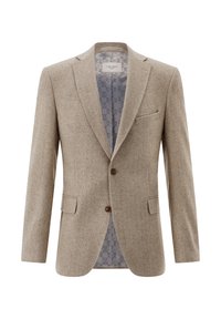 Hellebrauner Fischgrat-Blazer mit zwei Vorderaschen, Ein-Knopf-Verschluss und gemusterter grauer Futter, das ein Logo-Design umfasst.