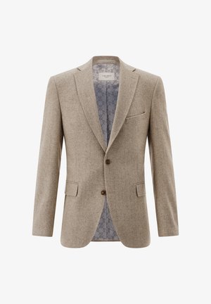 Light brown herringbone blazer with two front pockets, single-button closure, and patterned gray lining featuring a logo design.