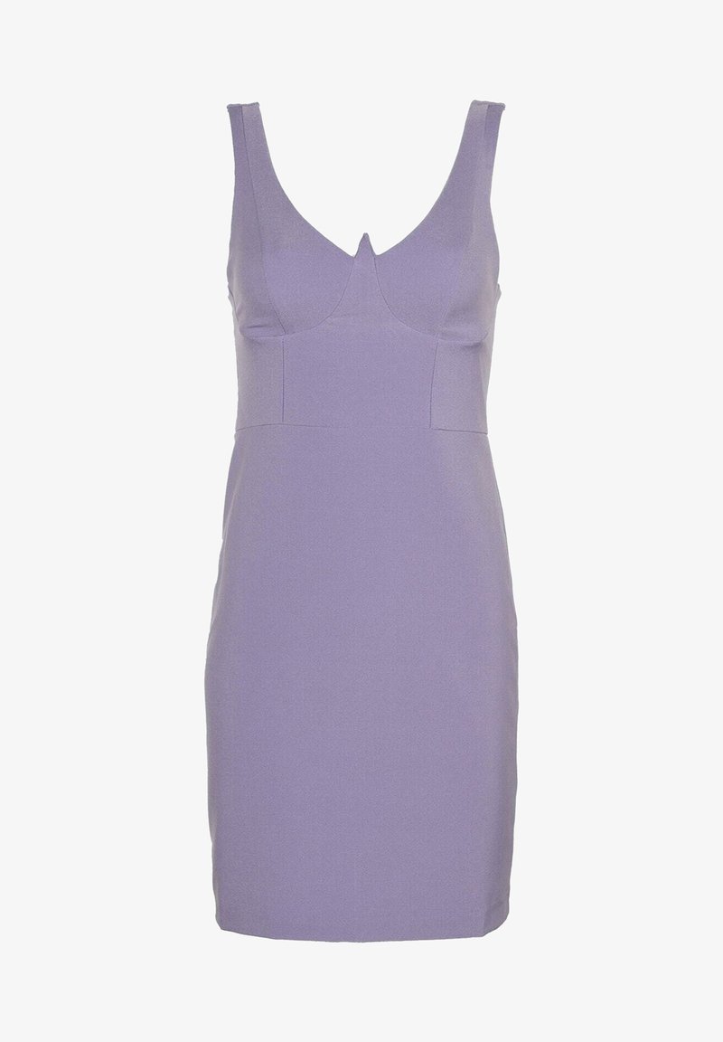 Robe moulante lavande sans manches avec un profond décolleté en V et une taille ajustée, longueur au genou avec un tissu simple et lisse.