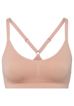 Weicher, hellrosafarbener BH aus sanftem Stoff mit glatter Oberfläche, ausgestattet mit überkreuzten, verstellbaren Trägern und einem zentralen dekorativen Ringdetail.