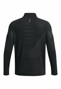 Sort langærmet pullover med høj krave, der har et netmønster på ryggen og en glat fronttekstur. Subtile refleksive accenter.
