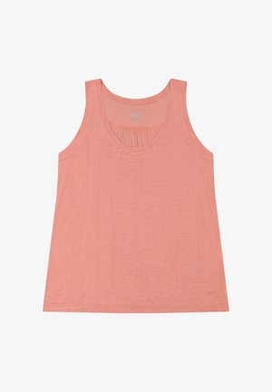 Camiseta sin mangas de color salmón rosa con cuello redondo y textura sutil de tela, diseñada para uso casual.