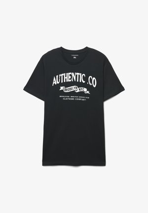 Czarny bawełniany t-shirt z białym, vintage'owym nadrukiem logo z tekstem i banerami. Krótkie rękawy i okrągły dekolt.