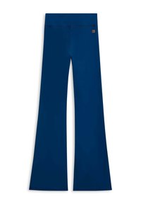 Pantaloni a zampa di elefante blu navy realizzati in tessuto elasticizzato, con una cintura larga e un piccolo logo dettagliato sulla cintura. Texture liscia.