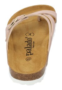 Pink sandals with a cork footbed and soft suede insole. Features two thin straps and a metallic accent. Size 37.