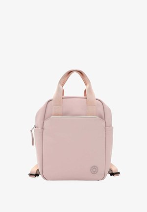 Rosa, rechteckiger Rucksack aus weichem Material mit zwei oberen Tragegriffen, einer Fronttasche und verstellbaren Schultergurten.